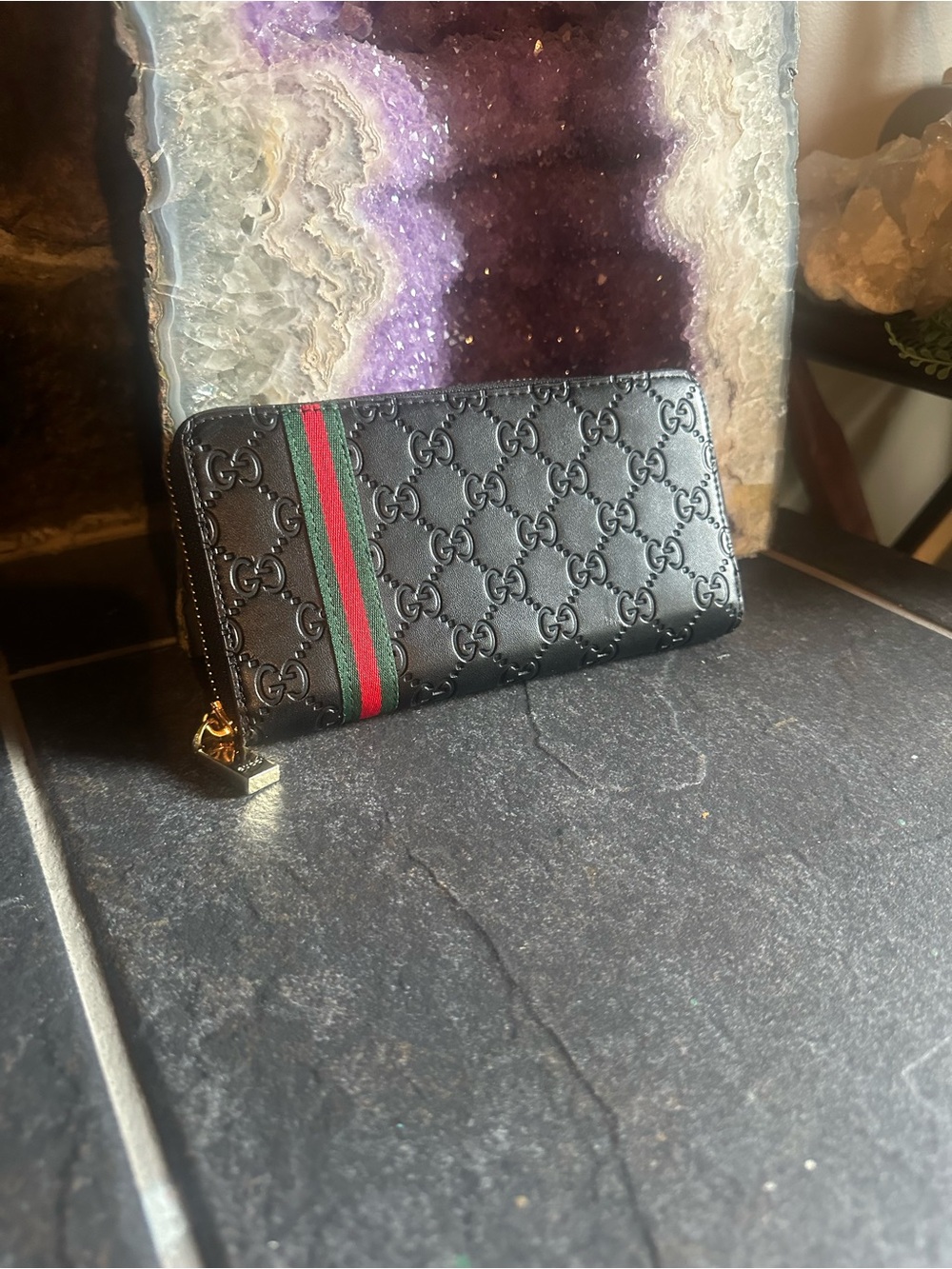 Gucci Black Signature Zip-Around Wallet with Green-Red Stripe